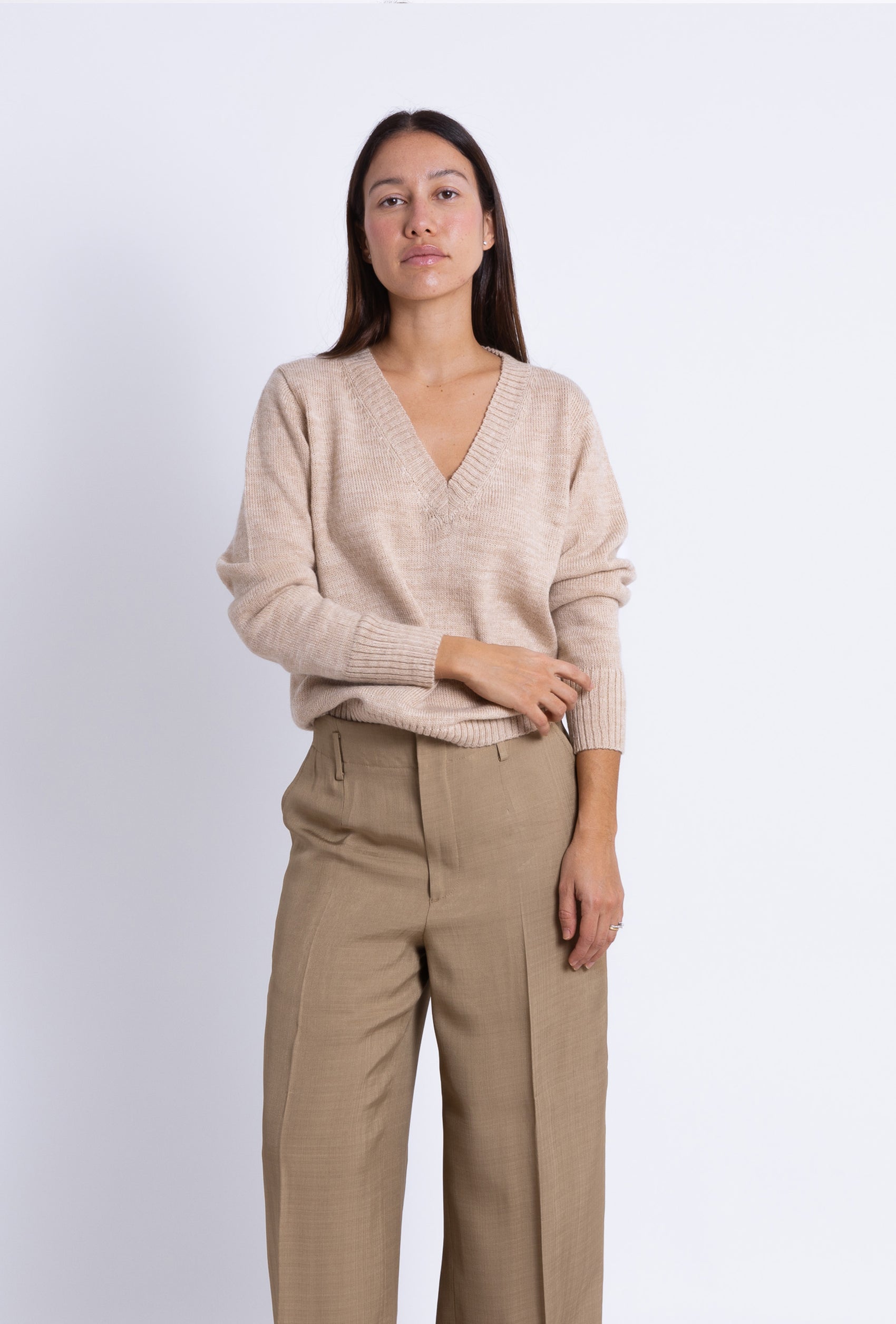 V-neck Sweater: Camel