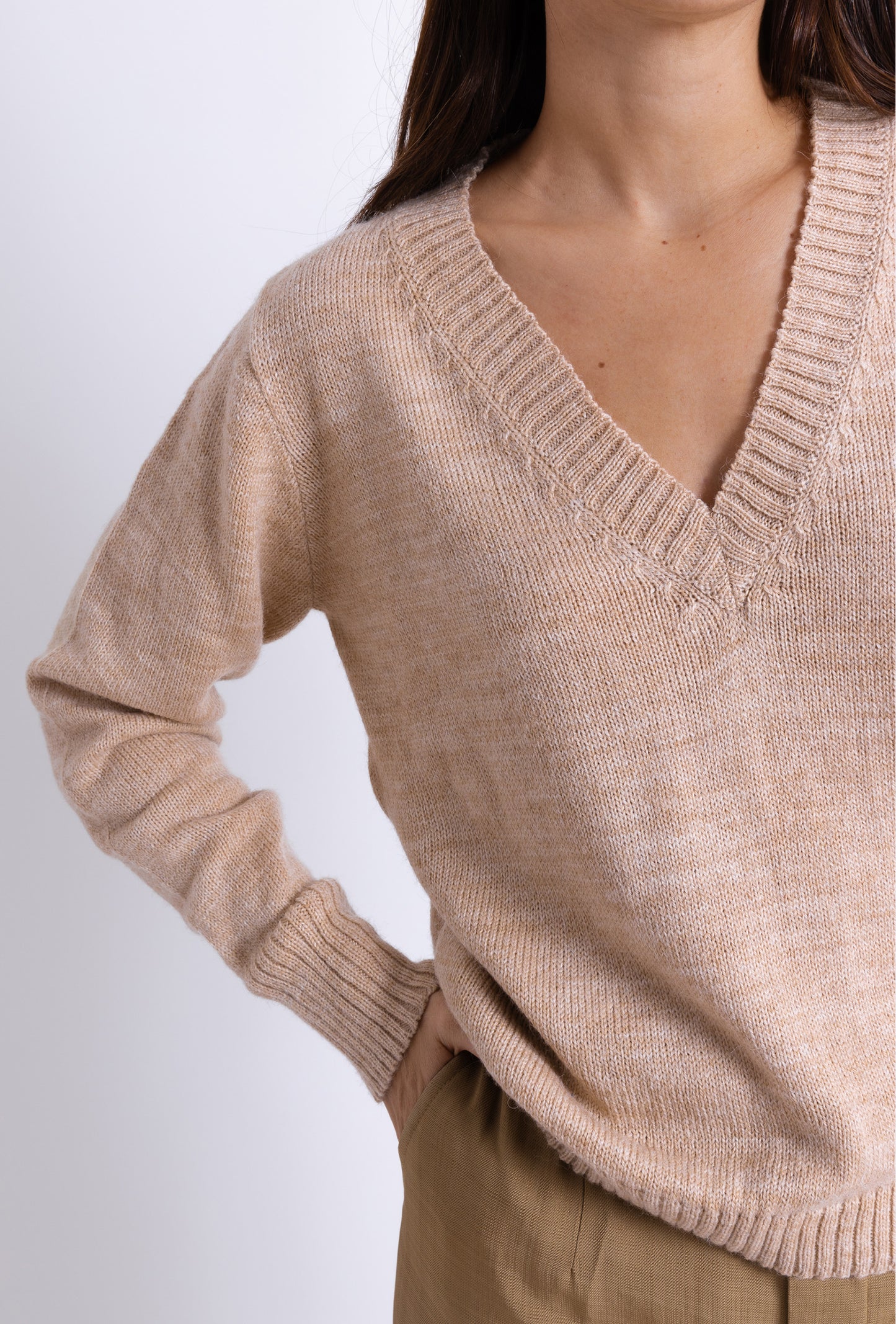 V-neck Sweater: Camel